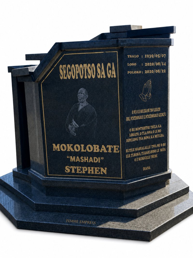 Custom black granite tombstone with gold lettering and portrait engraving, manufactured by Femme Empress in Klerksdorp