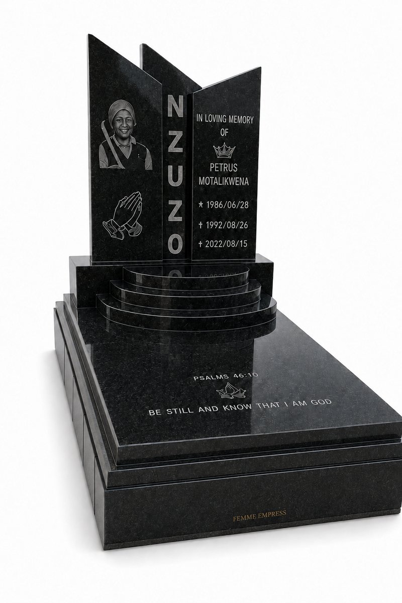 Book-style double granite headstone with portrait engraving and scripture verse, manufactured by Femme Empress in Klerksdorp