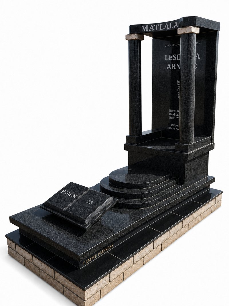 Pillar and canopy style granite monument with Psalm 23 inscription, manufactured by Femme Empress in Klerksdorp